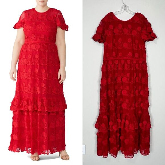 Monique Lhuillier ML Red Floral Lace Tiered Maxi Gown 22W Plus Romantic Holidays - Picture 1 of 16